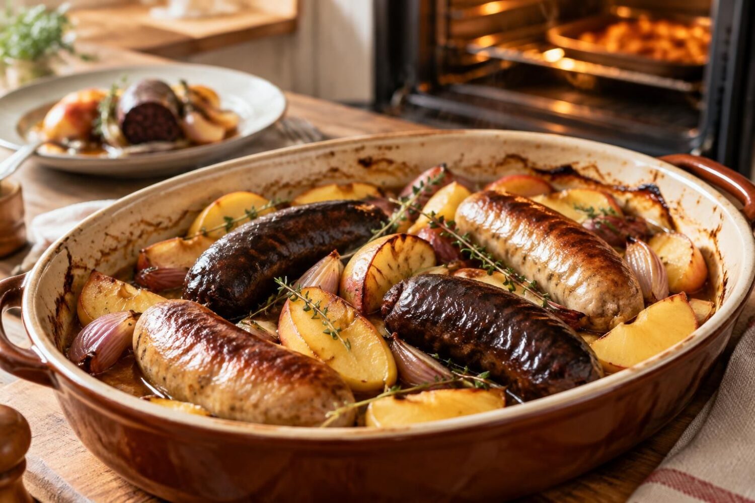 Boudin aux pommes au four : recette facile, temps de cuisson et variantes blanc ou noir