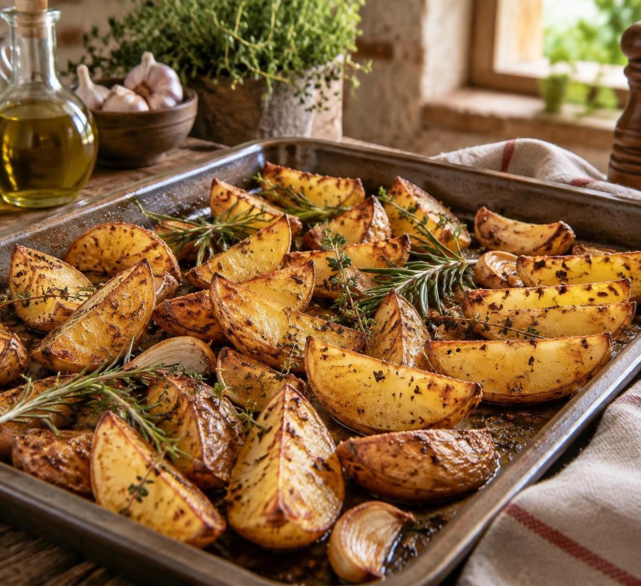 découvrez des pommes de terre rôties au four, dorées et croustillantes, parfumées à l’huile d’olive, à l’ail et aux herbes.