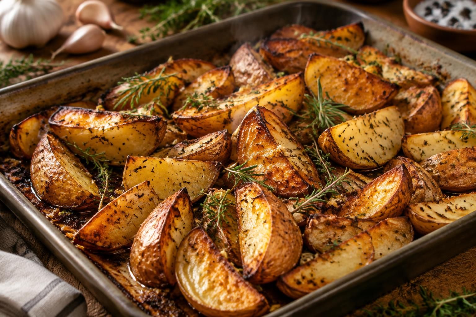 découvrez des pommes de terre rôties au four, dorées et croustillantes, parfumées à l’huile d’olive, à l’ail et aux herbes. une recette simple et savoureuse.