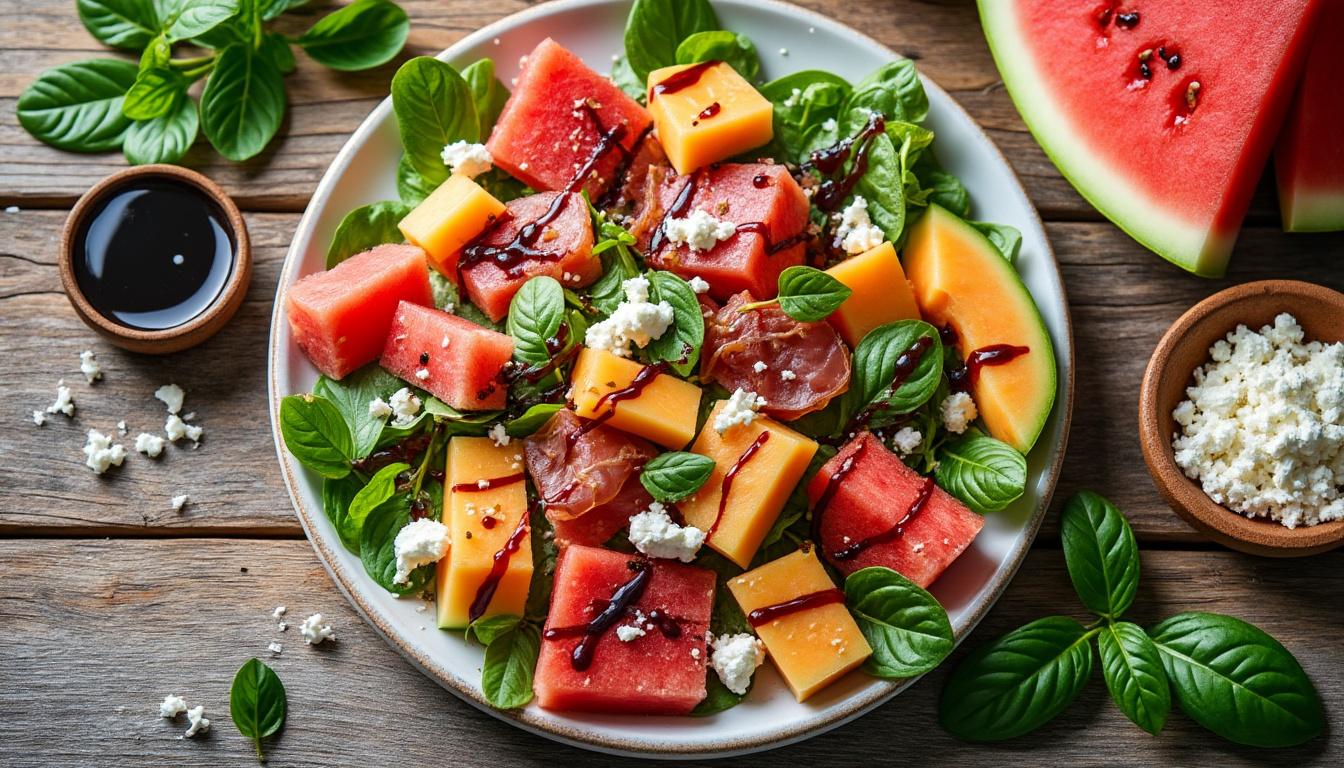 découvrez une recette fraîche et savoureuse de salade melon, pastèque et feta, avec des variantes au balsamique et jambon cru pour un équilibre parfait entre douceur et saveurs salées.