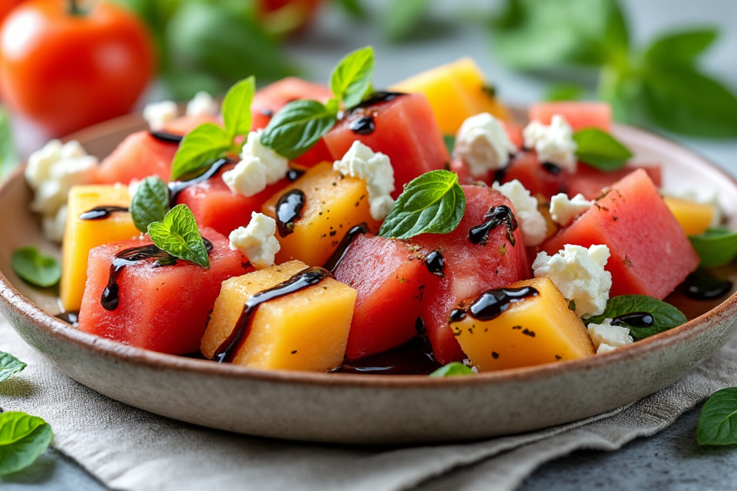 Salade melon, pastèque et feta : variantes au balsamique et jambon cru