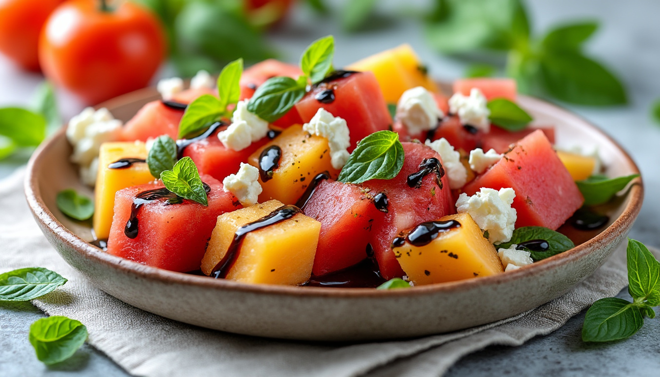 découvrez une recette rafraîchissante de salade melon, pastèque et feta, accompagnée de variantes savoureuses au balsamique et jambon cru pour une explosion de saveurs estivales.