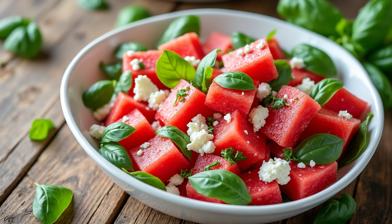 découvrez notre recette de salade pastèque, feta et basilic, une combinaison fraîche et estivale parfaite pour vos repas légers et gourmands.