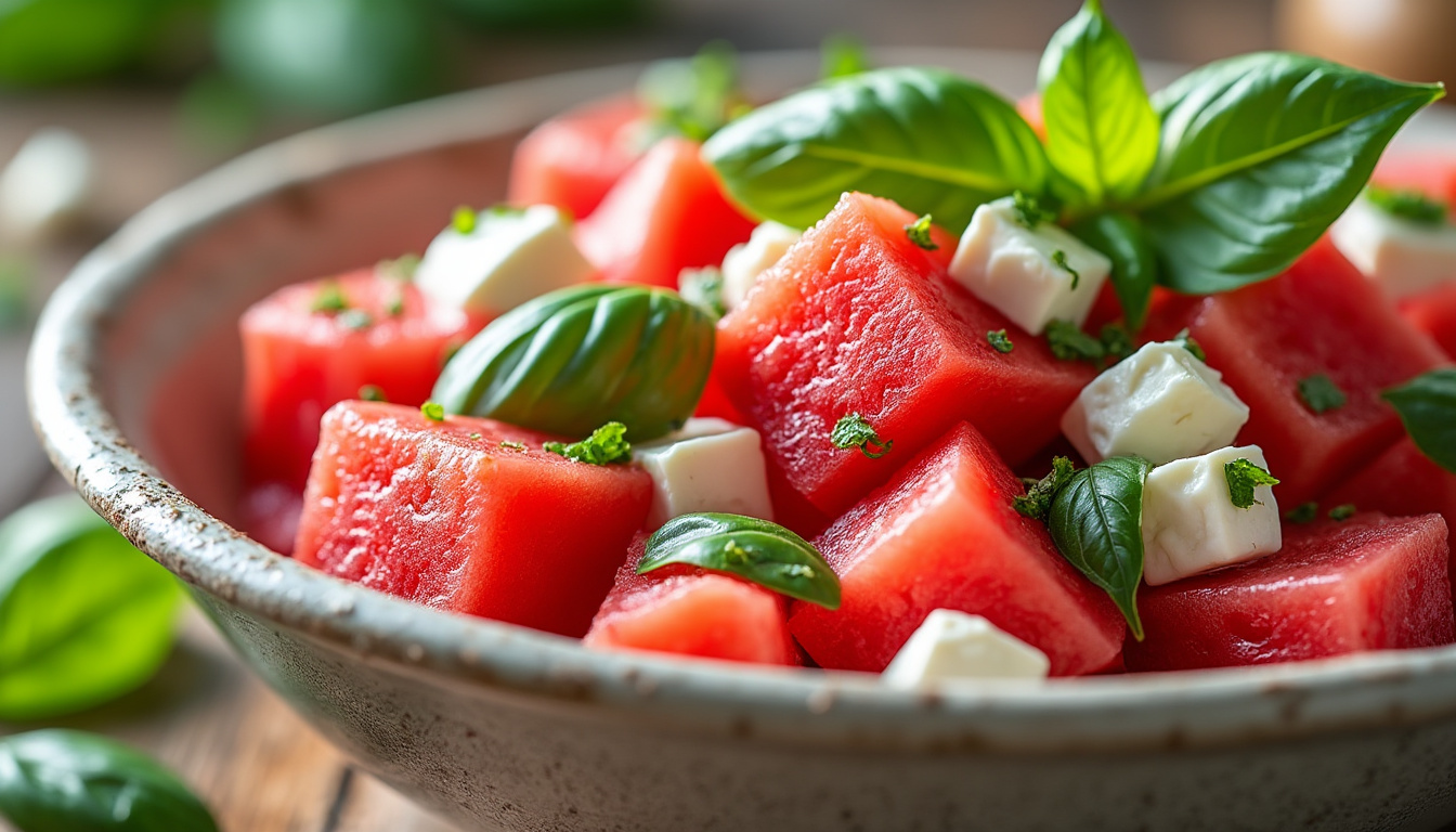 découvrez une salade estivale rafraîchissante alliant la douceur de la pastèque, la fraîcheur du basilic et la saveur salée de la feta, parfaite pour vos repas d'été.